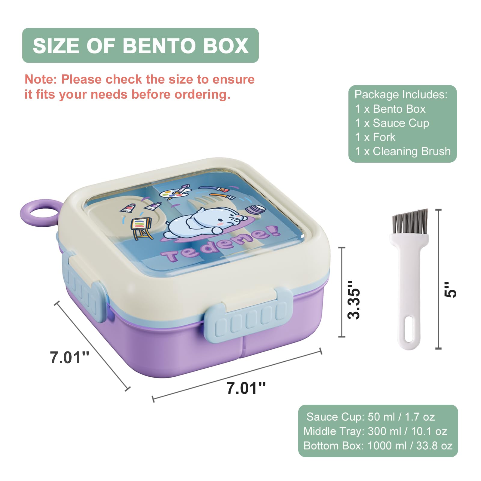 SAYAPE Bento Box for Kids Adults – Cute Cartoon 2-Layer Lunch Box with Fork, Sauce Cup & Brush, BPA-Free, 3-Compartment Square Snack Container with Handle for School, Office, or Travel (Purple)