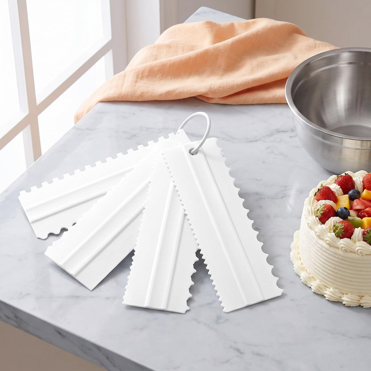 EKIND Cake Scraper Set Double Sided Icing Smoother Long Edge Buttercream Spatula Comb for Decorating Mousse Pastry Tools Baking Supplies(4 Pcs White)