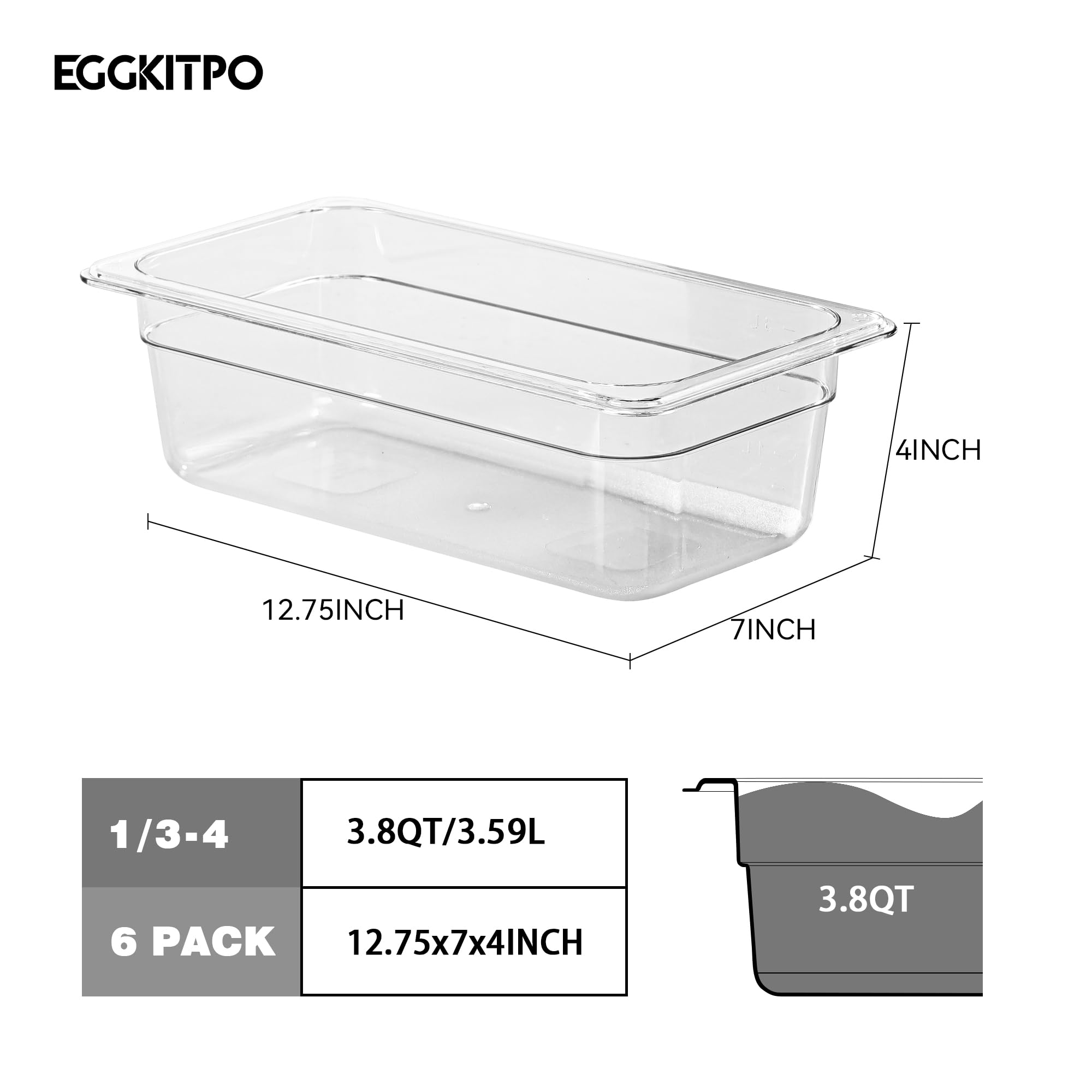 EGGKITPO 6-Pack 1/3 Size Food Pan 4 Inch Deep BPA Free Polycarbonate Food Storage Containers for Kitchen Stackable Clear Hotel Pan for Buffet Party Supplies Freezer Safe