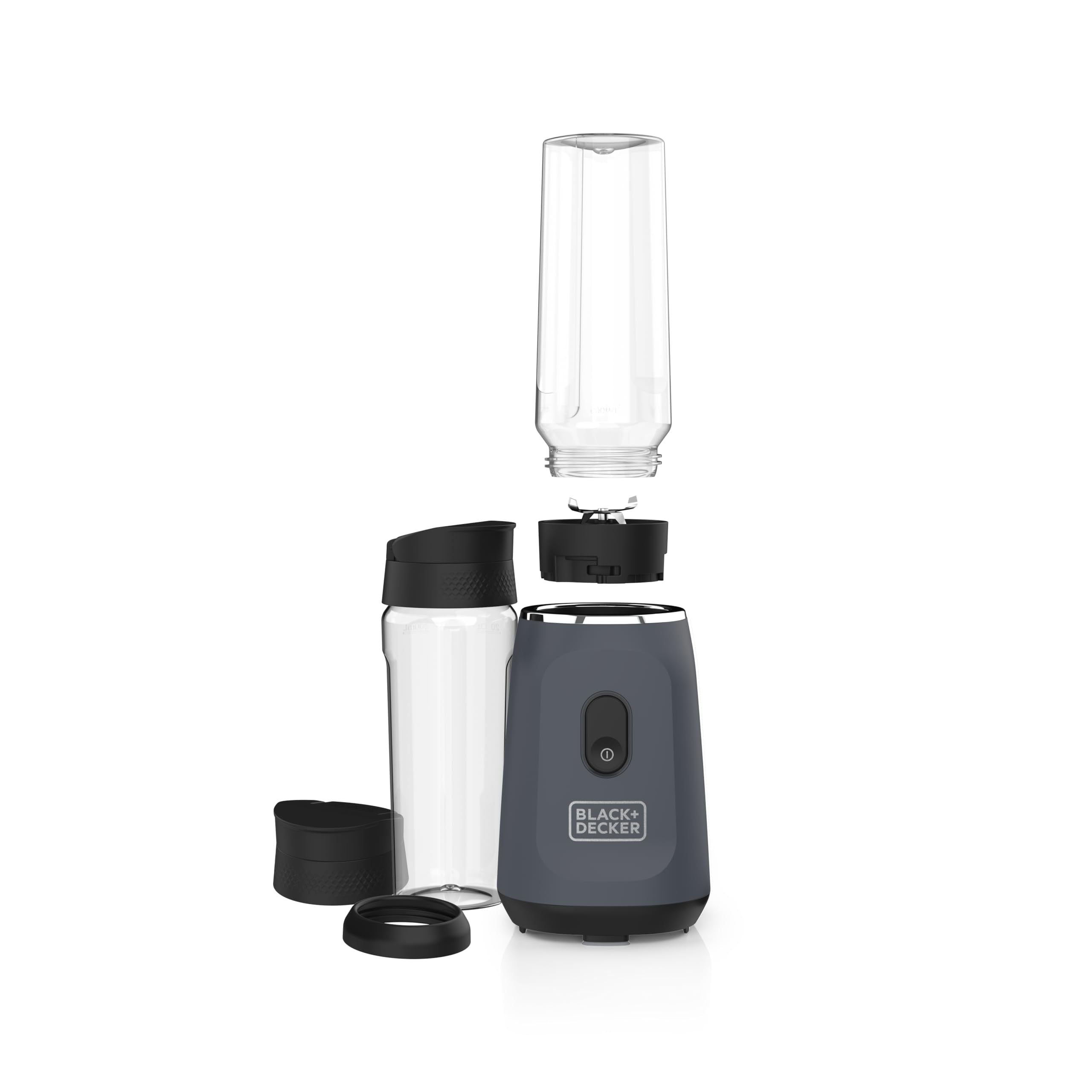 BLACK+DECKER® Ice Crush Single Serve Blender with Pulse/ON Button, Base, Two 20oz Personal Blender Jars, Blade Assembly, Travel Lid, Gray