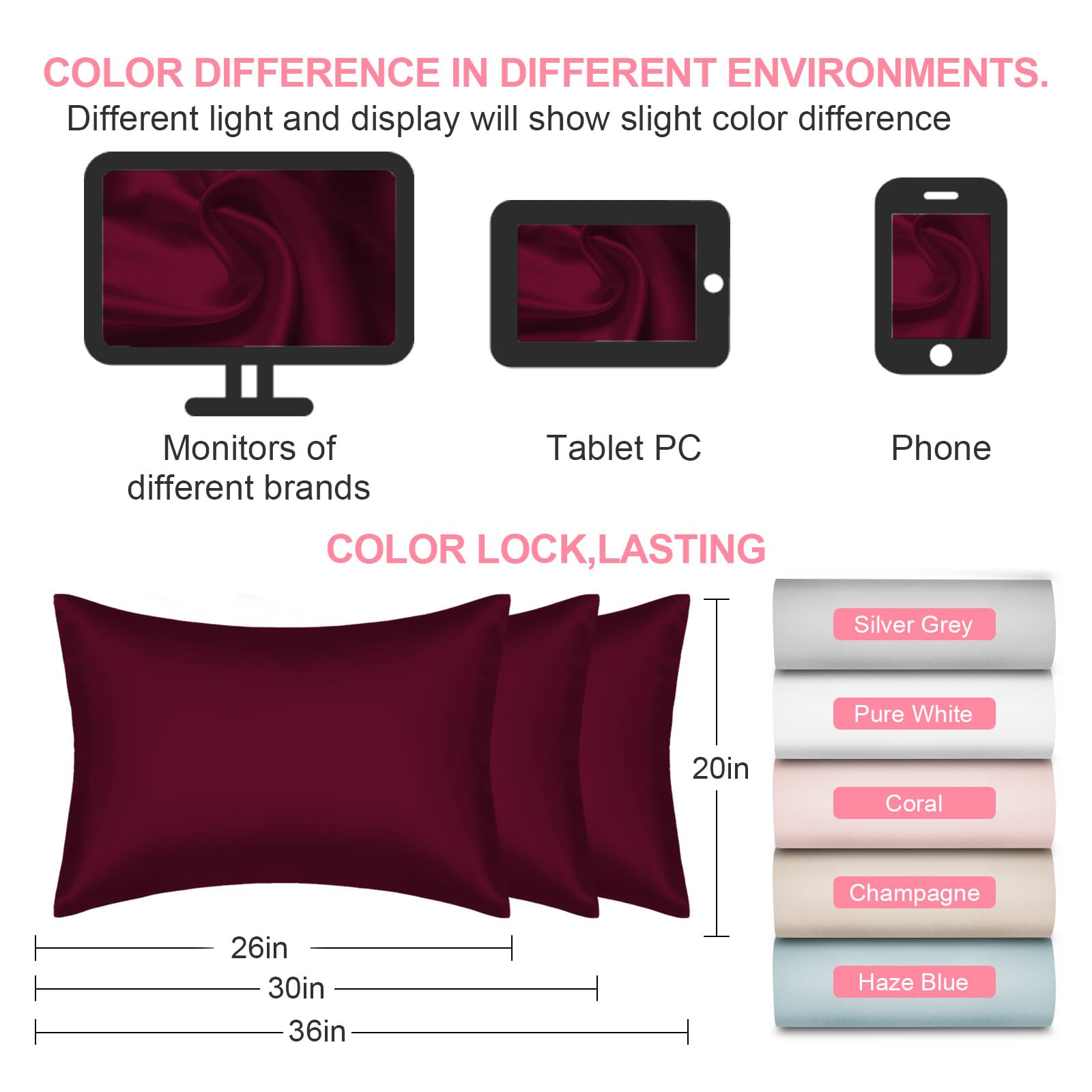 LYSHIN Silk Pillow Cases 2 Pack Standard Size with Zipper, Burgundy