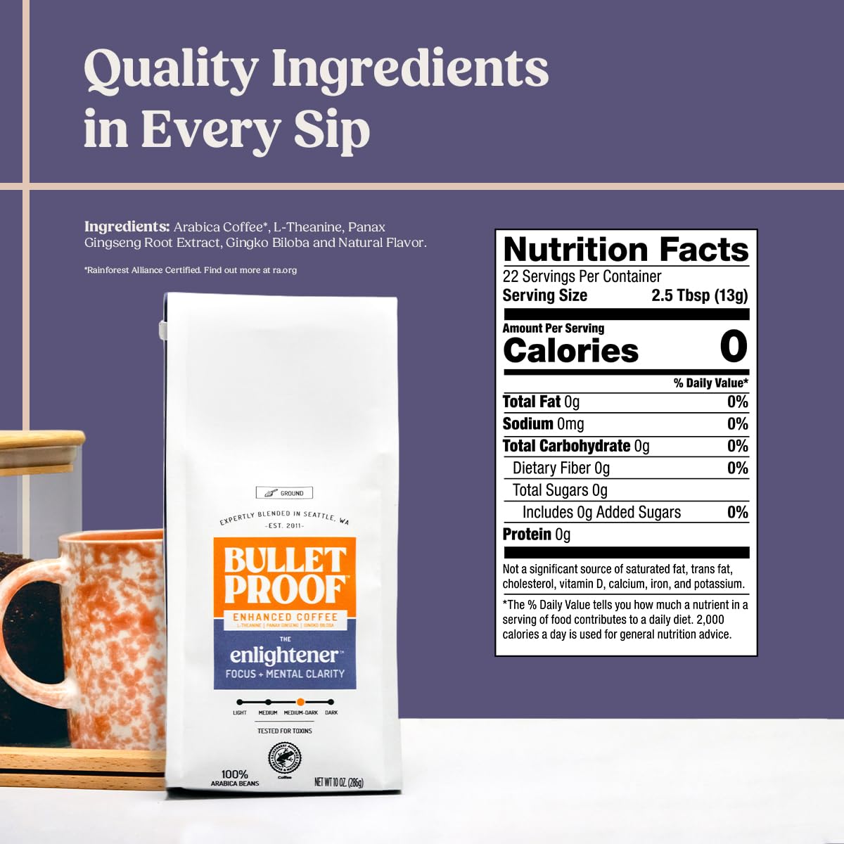 Bulletproof Enlightener Medium-Dark Roast Ground Coffee, 10 oz
