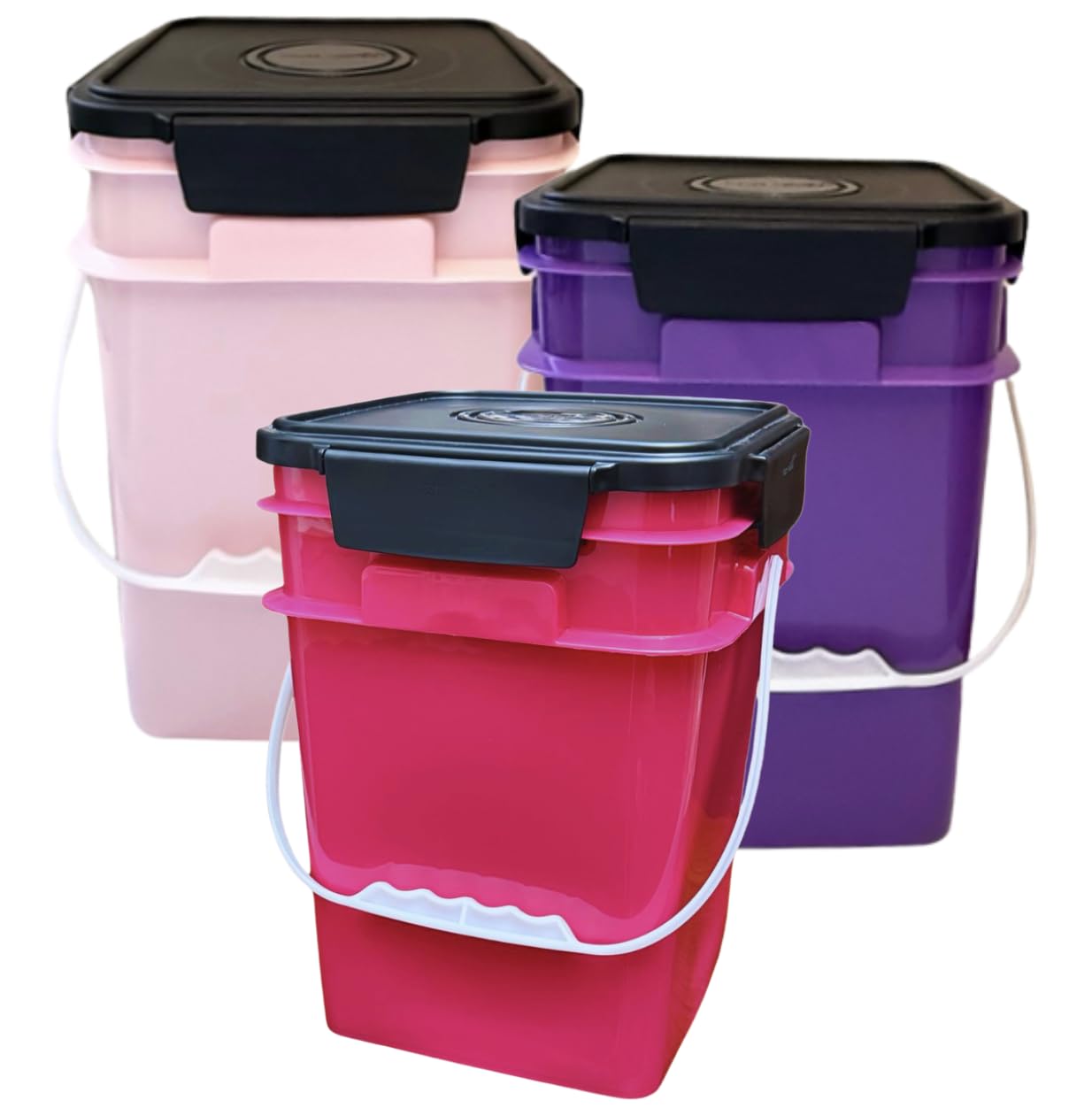 House Naturals 4 Gallon Square Food Grade Bucket Pail with Plastic Handles and Lid (Pack of 3) Made in USA containers (Pink/Magenta/Purple - Black lids)
