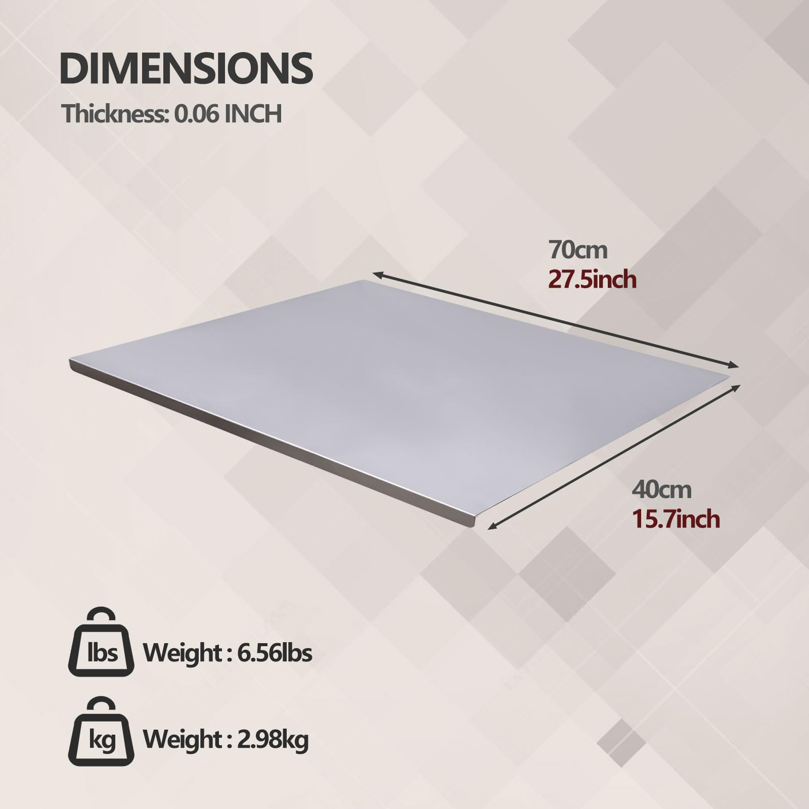 Stainless Steel Kitchen Cutting Board, 304 Stainless Steel, Double-Sided for Separation, Baking and Pizza Making (15.7×27.5×0.06")