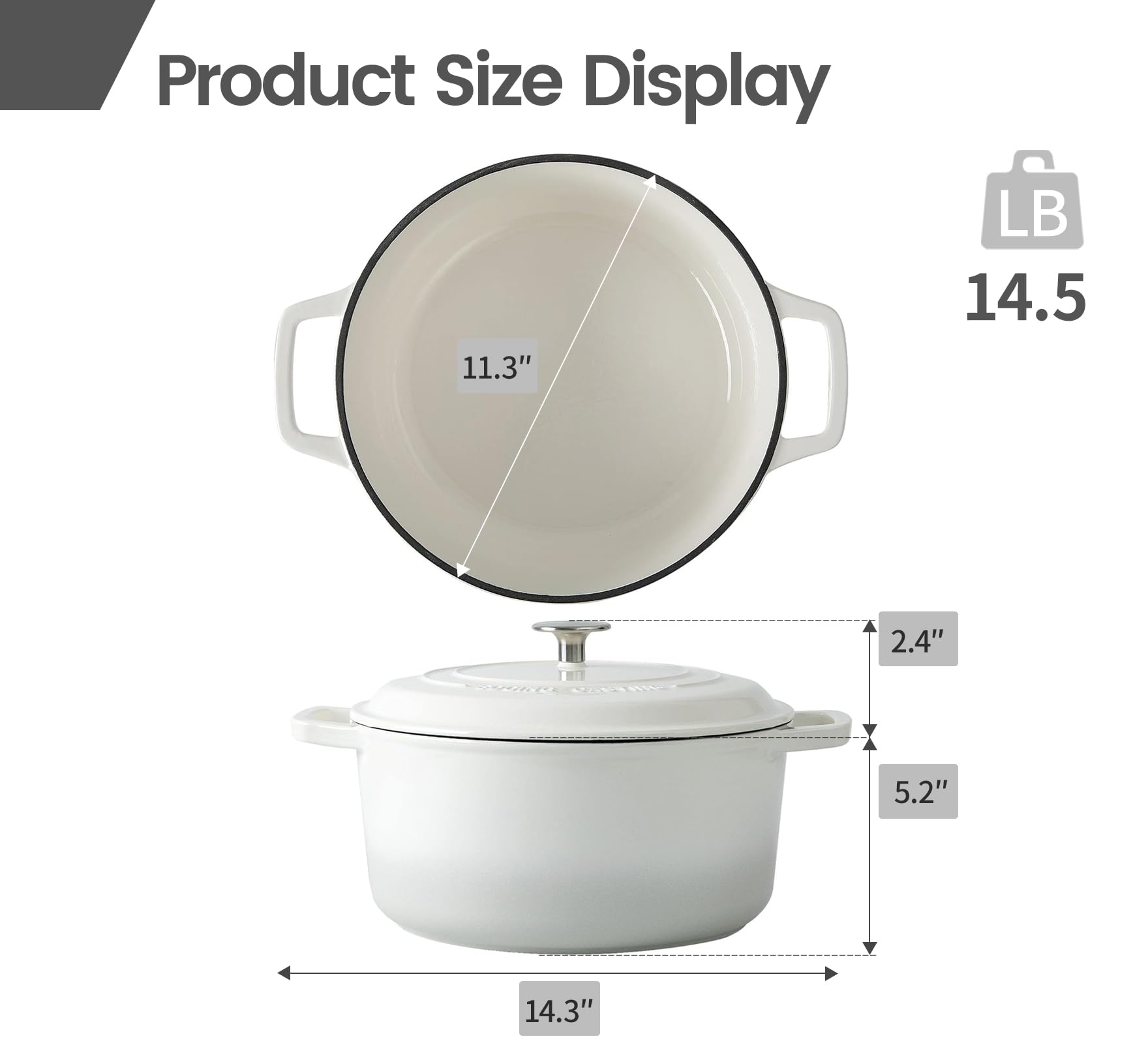 EDGING CASTING Enameled Cast Iron Dutch Oven Pot With Lid, Dutch Oven for Sourdough Bread Baking Round Pot Dule Handle, 7.5 Quart, White