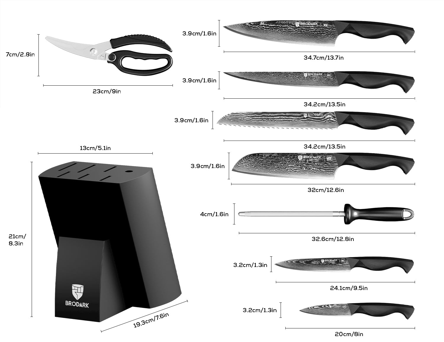 BRODARK Knife Set, 9PCS Damascus Knife Set with Block, Japanese Knives