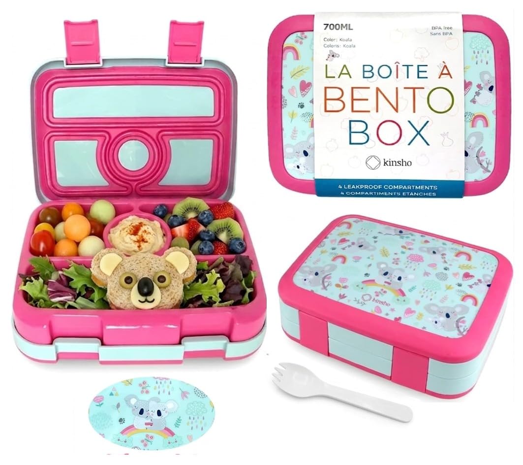 kinsho Bento Lunch Box for Kids Toddlers Girls, 4 Portion Sections Secure Lid, Microwave Safe BPA Free Removable Tray, Pre-School Kid Daycare Lunches Snack Container Ages 3 to 5, Pink Koala