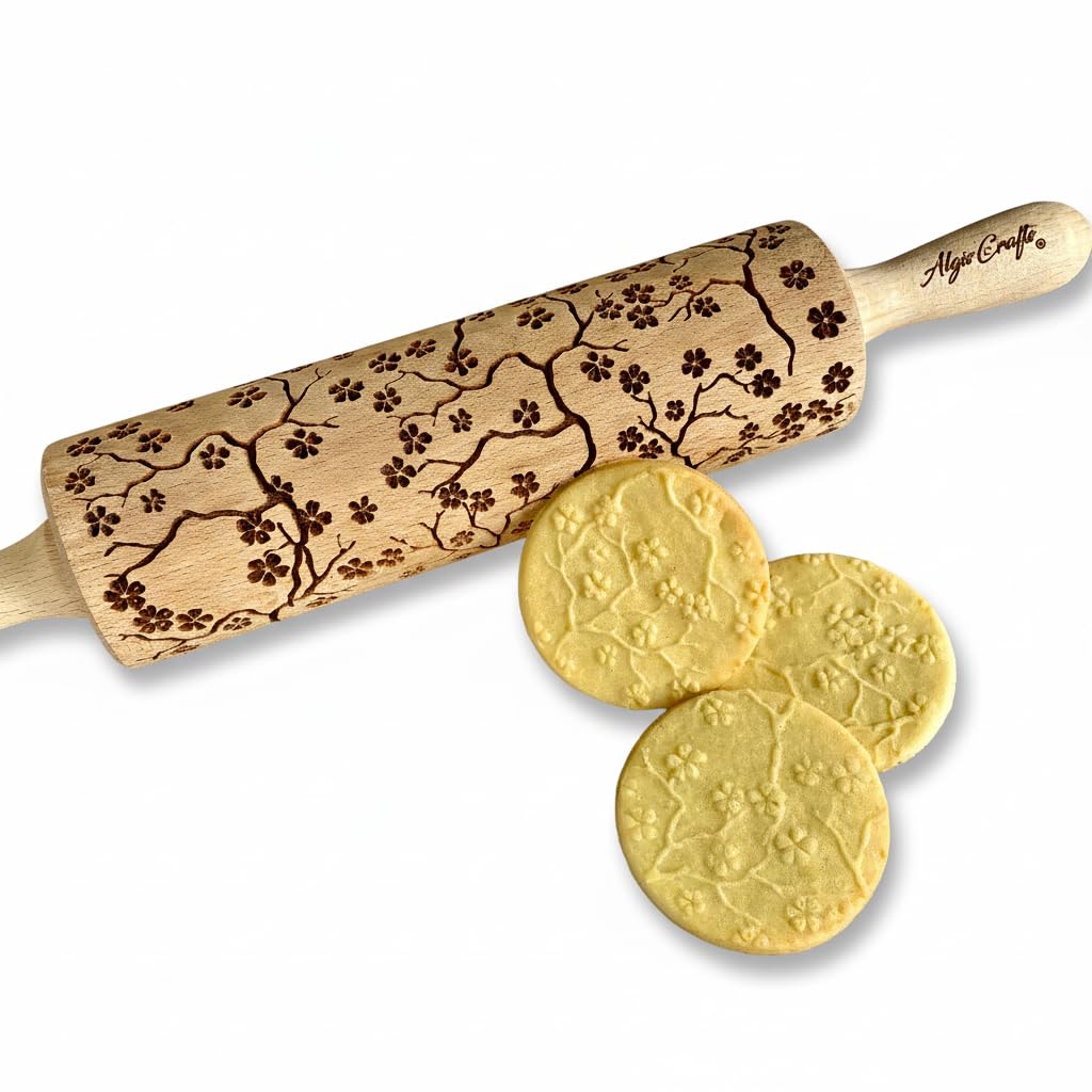 SAKURA TREE Embossing Rolling Pin with Blooming Sakura Flowers Pattern. Dough and Clay Roller for Embossed Cookies Fondant Pottery. Cookie and Ceramic Stamp. Backing Gifts for Women by Algis Crafts