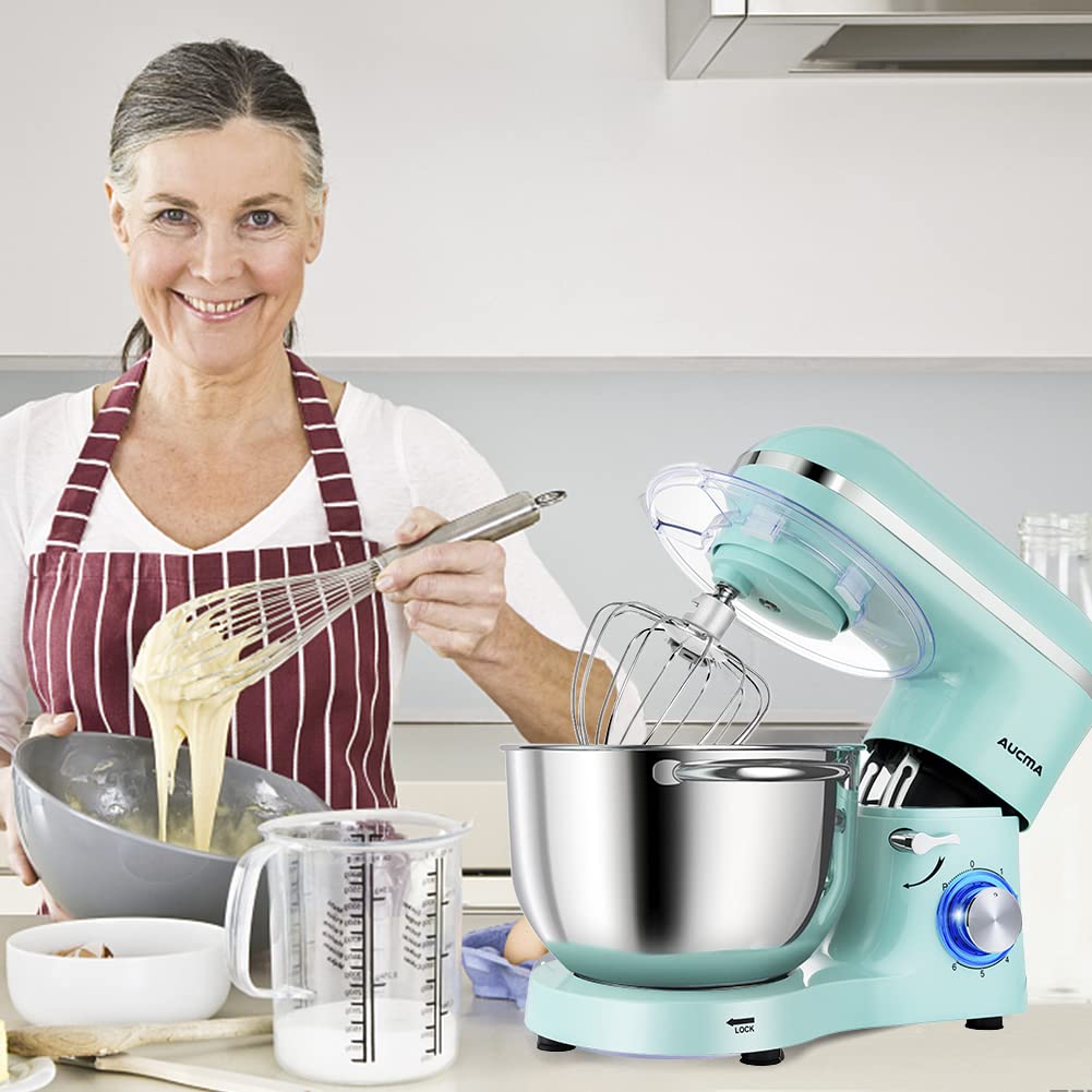 Aucma Stand Mixer,6.5-QT 660W 6-Speed Tilt-Head Food Mixer, Kitchen Electric Mixer with Dough Hook, Wire Whip & Beater (Blue, 6.5QT)