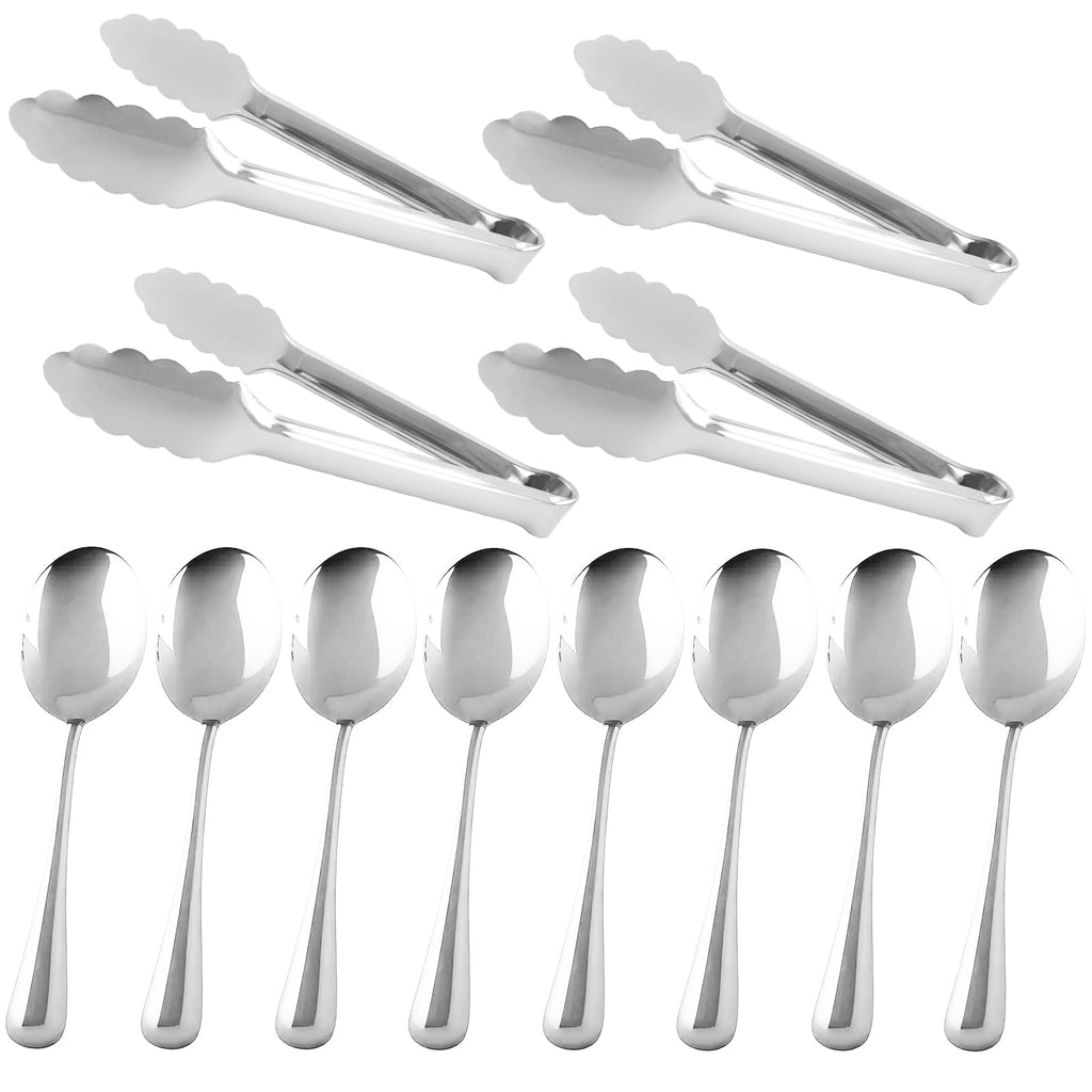 12PCS Silver Serving Utensils Set,Includes 8 large serving spoons,4 serving tongs