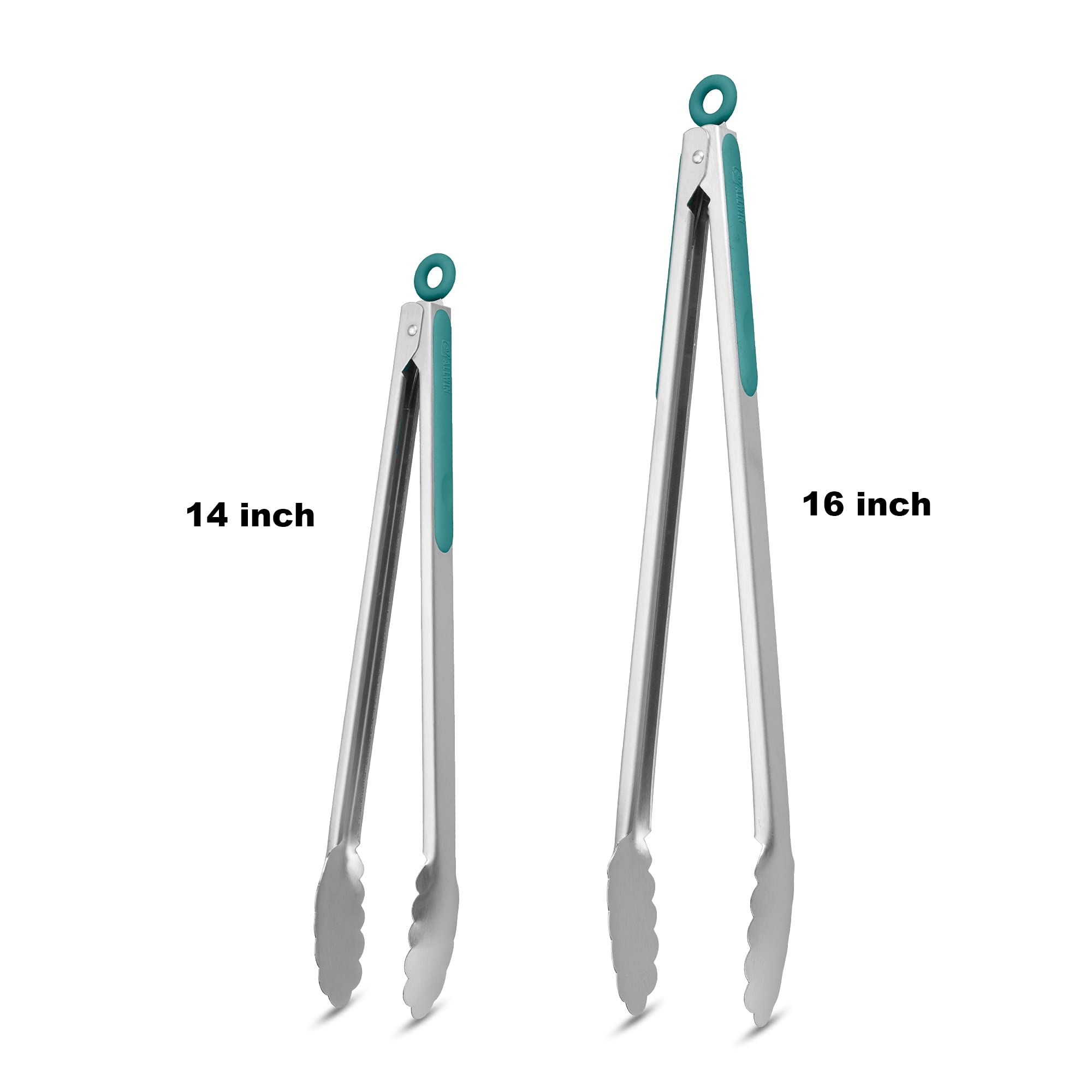 304 Stainless Steel Kitchen Cooking Tongs, 14 & 16", Set of 2, Aqua Sky
