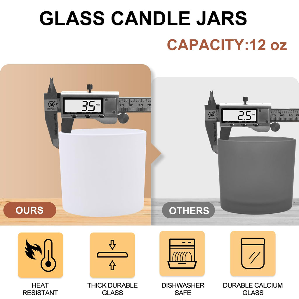 SHOWIN 12 OZ Thick Candle Jars for Making Candles 12 Pcs, Empty Jars with Wood Lids for Spice Jars, Sample Container, Matte White