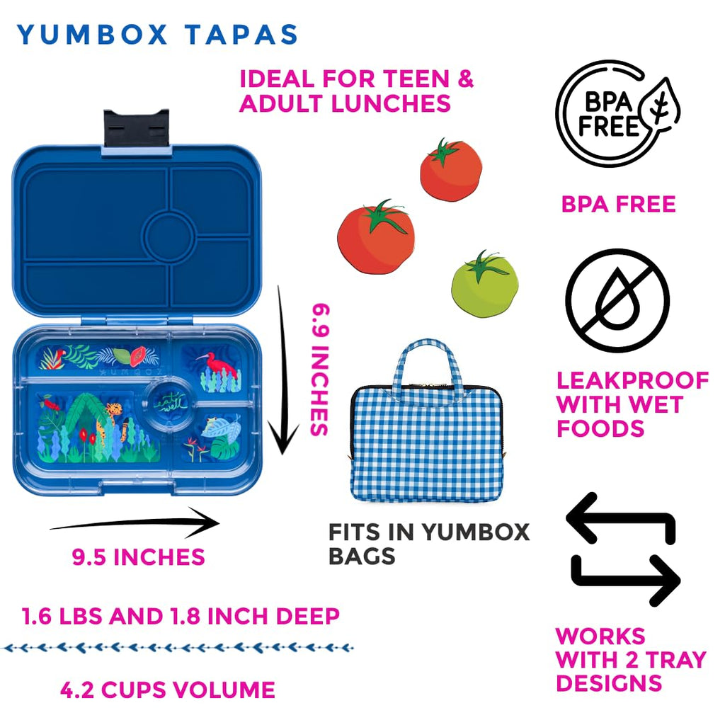 Yumbox Tapas Leakproof Bento Lunch Box: 4.2 Cups Larger 5-Compartment Design in Monte Carlo Blue with Jungle Tray- for Adults and Bigger Kids