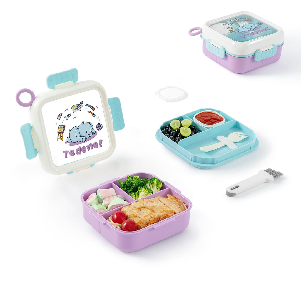 SAYAPE Bento Box for Kids Adults – Cute Cartoon 2-Layer Lunch Box with Fork, Sauce Cup & Brush, BPA-Free, 3-Compartment Square Snack Container with Handle for School, Office, or Travel (Purple)