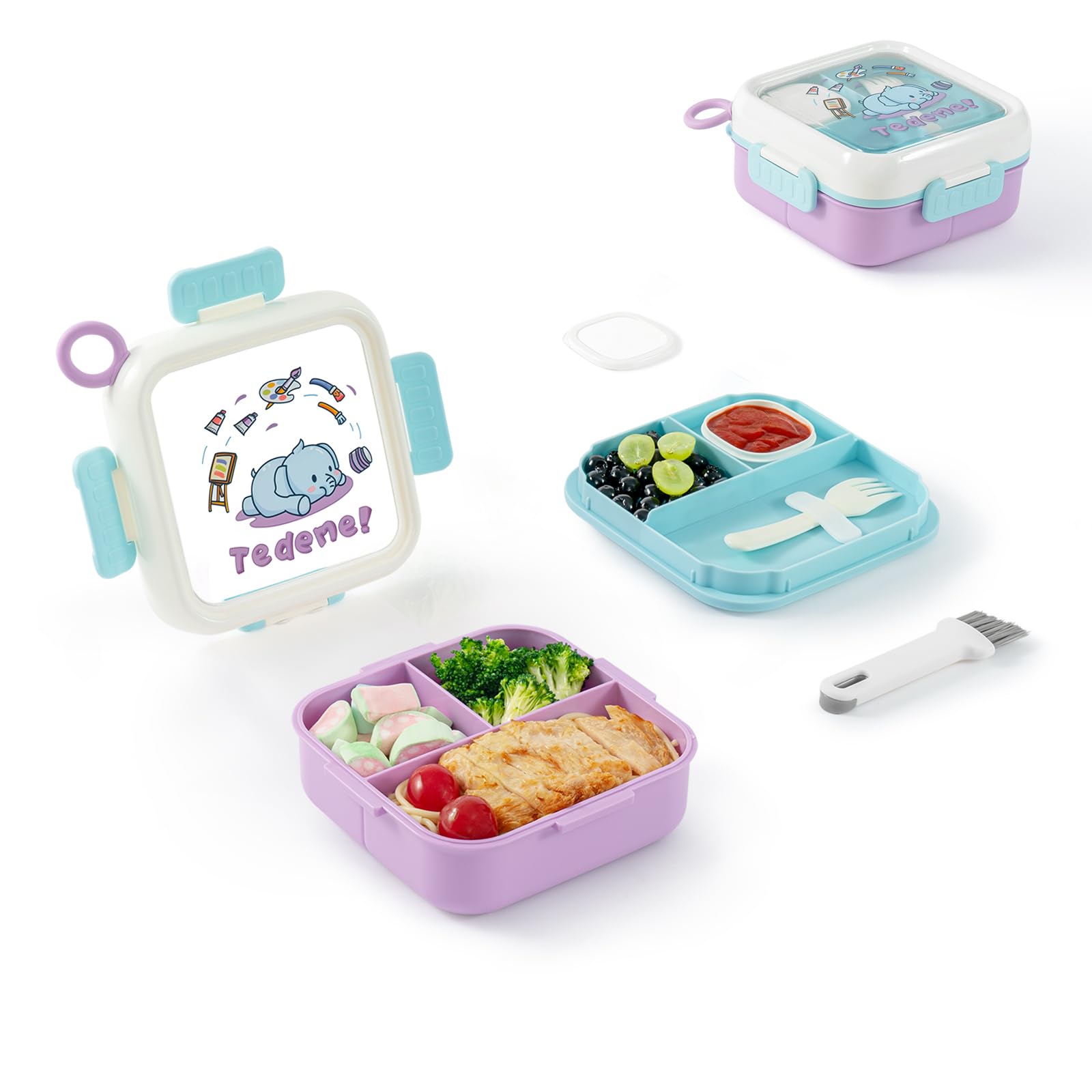 SAYAPE Bento Box for Kids Adults – Cute Cartoon 2-Layer Lunch Box with Fork, Sauce Cup & Brush, BPA-Free, 3-Compartment Square Snack Container with Handle for School, Office, or Travel (Purple)