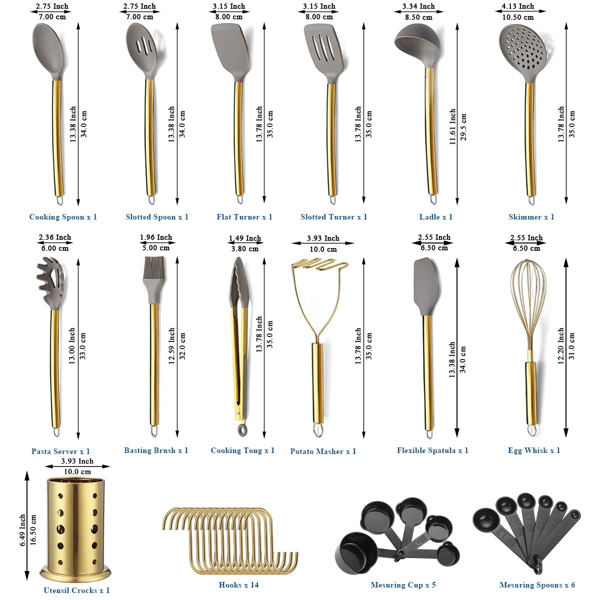 Gold Kitchen Utensils Set, Kyraton 38 Pieces Non-Stick Silicone Cooking Utensils Set, Spoon Spatula Set with Sturdy Stainless Steel Utensil Holder, Dishwasher Safe