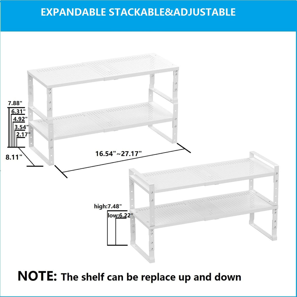 Wobmmi Expandable,Adjustable & Stackable Spice Rack, Cabinet Kitchen Countertop Shelf Organizer,Metal Pantry Storage Shelves - Space-Saving Storage Solution(2Packs/White/Medium)