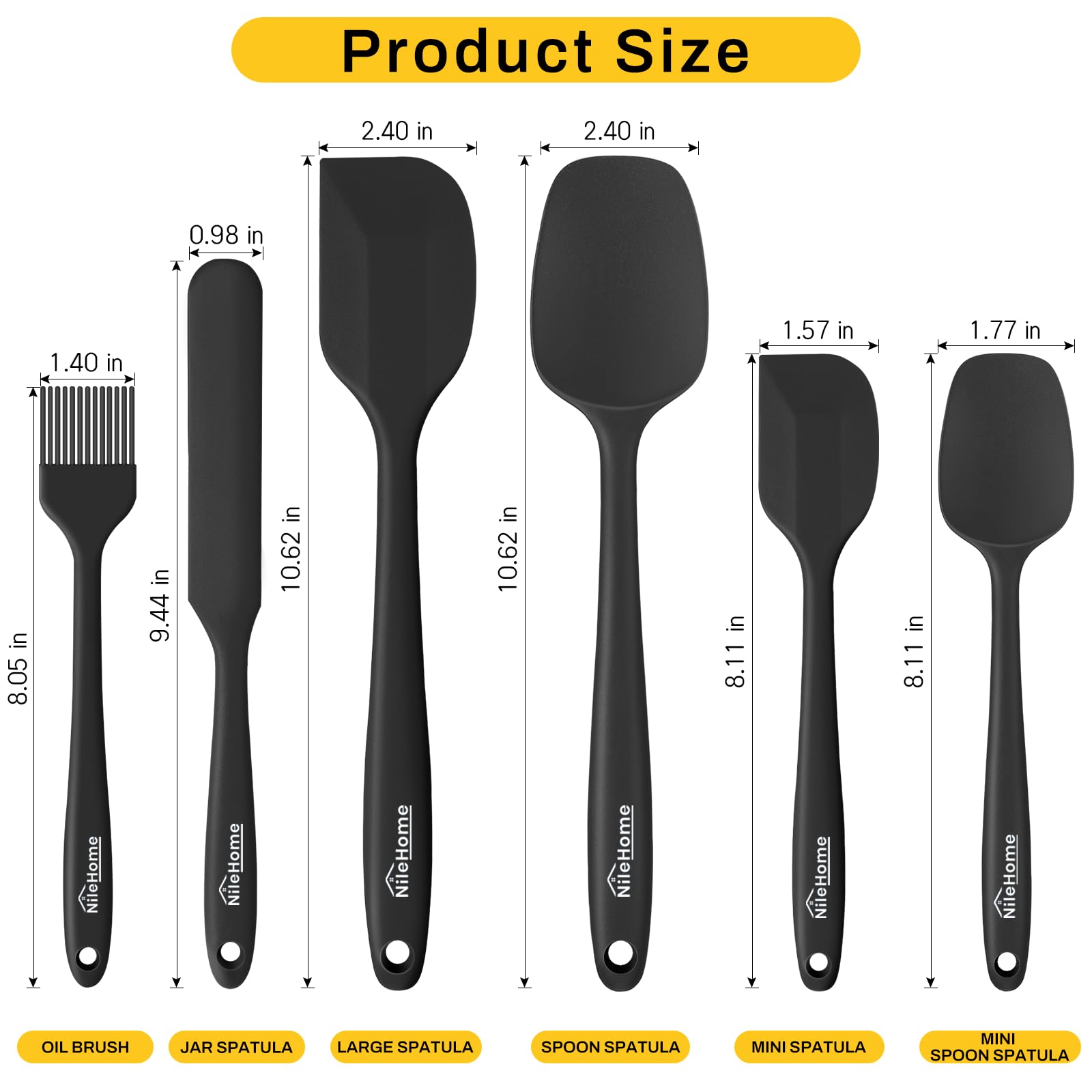 NileHome Silicone Spatula Set, 6 Pieces Food Grade Kitchen Utensils with Silicone Brush Heat Resistant Up to 600°F Dishwasher Safe BPA-Free Rubber Spatula for Scraping, Baking, Cooking, Mixing-Black