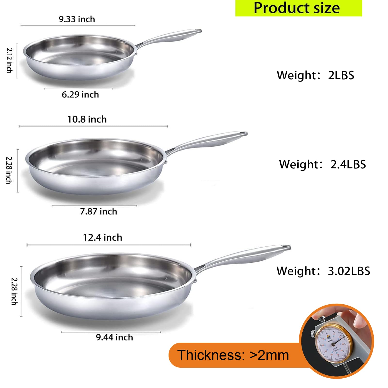 DELARLO Tri-Ply Stainless Steel Frying Pan Set 8”/10”/12”kitchen skillet