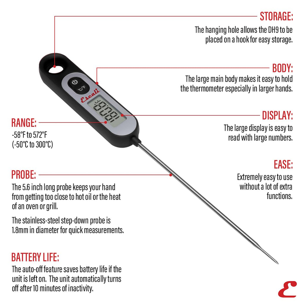 Escali Long Stem Digital Thermometer for Meat, Frying, Cooking, Candy and Kitchen Use, Extra Long 5.6-Inch Probe, Black