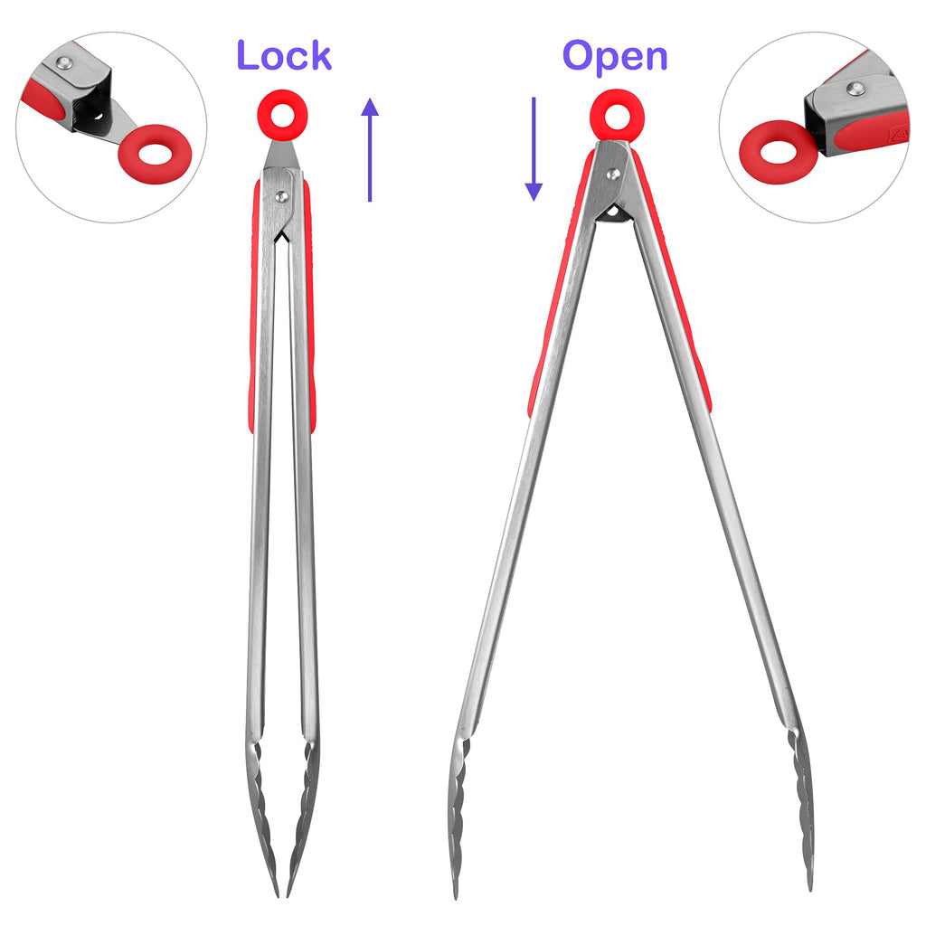 304 Stainless Steel Kitchen Cooking Tongs, 14 & 16 Inch, Set of 2, Red