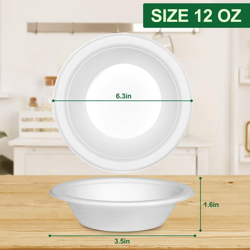 Pony Packaging Paper Bowls 12oz, Disposable Bowls Heavy Duty, 1000-Pack 100% Compostable Disposable Soup Bowl, Biodegradable Bagasse Paper Bowls Bulk-White
