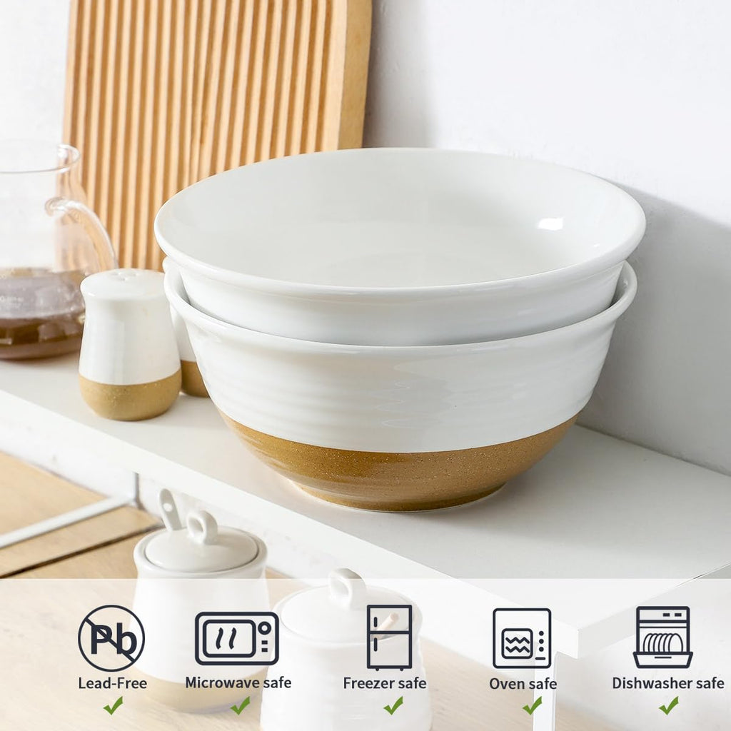 HASENSE Large Ceramic Serving Bowls Set of 2, 84 Oz 9 Inch White & Terracotta Stoneware Mixing Bowls, Farmhouse Bowls for Salad, Baking, Popcorn & Side Dishes, Dishwasher & Microwave Safe