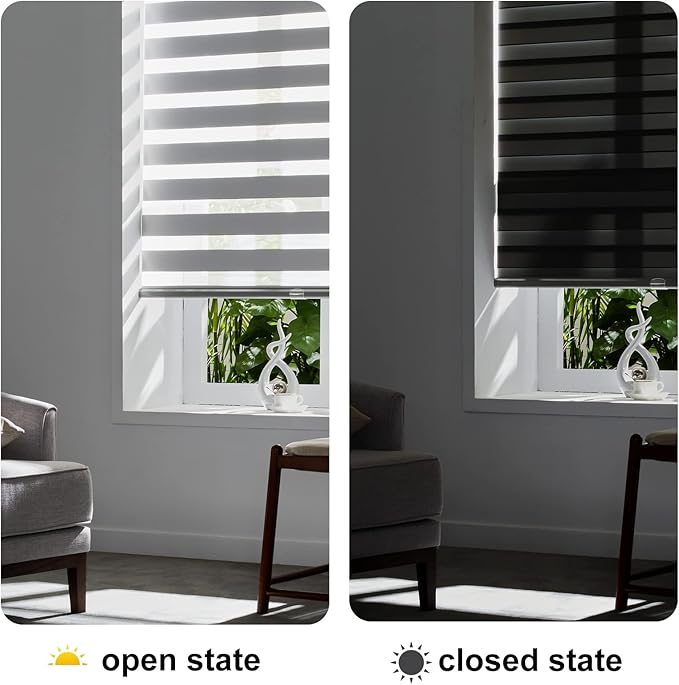 Persilux Cordless Zebra Blinds for Windows (58" W X 72" H, Grey) Free-Stop Roller Windows Shades Dual Layer Light Control for Day and Night, Light Filtering Sheer Shades for Home