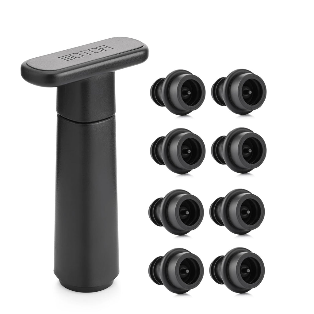 WOTOR Wine Saver Vacuum Pump with 8 Stoppers, Wine Stopper & Preserver, Reusable Bottle Sealer Keeps Fresh, Ideal Accessories Gift (Flat Handle)