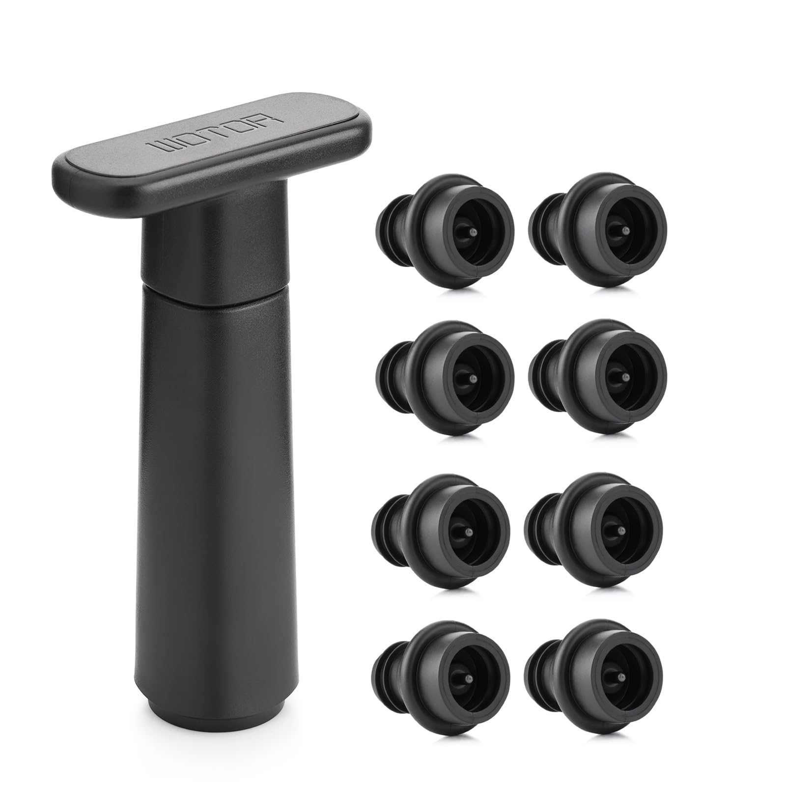 WOTOR Wine Saver Vacuum Pump with 8 Stoppers, Wine Stopper & Preserver, Reusable Bottle Sealer Keeps Fresh, Ideal Accessories Gift (Flat Handle)