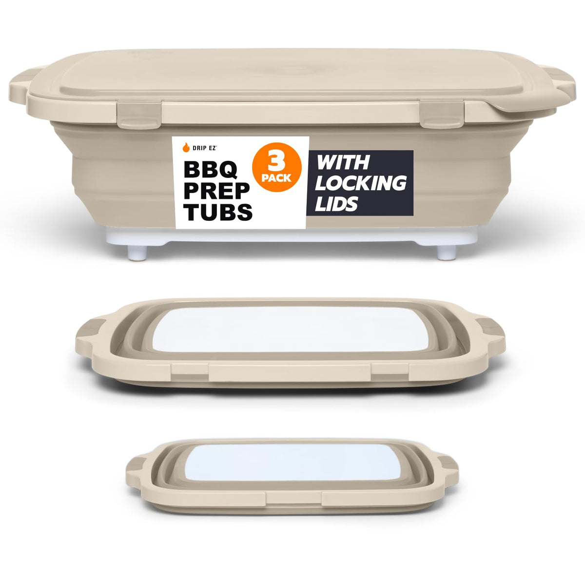 Drip EZ Collapsible BBQ Prep Tubs 3-Piece Set- For Meal Prep Marinating Food Storage - Includes Cutting Board & Lid - (1) JR + (1) OG + (1) XL - Black