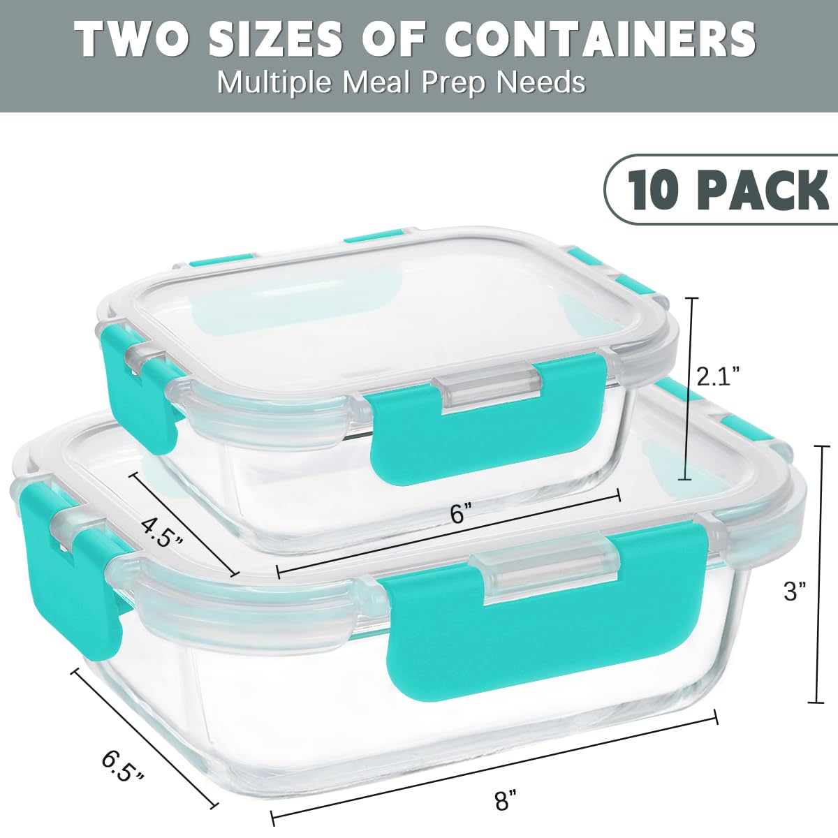 KAMOTA 10 Pack Airtight Glass Meal Prep Containers with Snap-Lock Lids