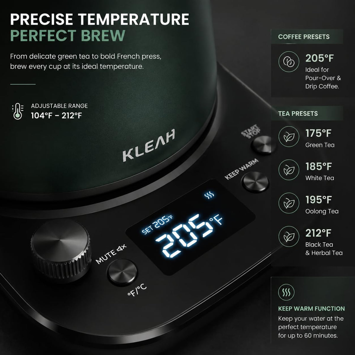 KLEAH Gooseneck Electric Kettle with Temperature Control - 0.8L Automatic Shut Off Tea & Coffee Kettle, Hot Water Boiler Pour Over Coffee Kettle, 1200W Quick Heating Keep Warm, Green
