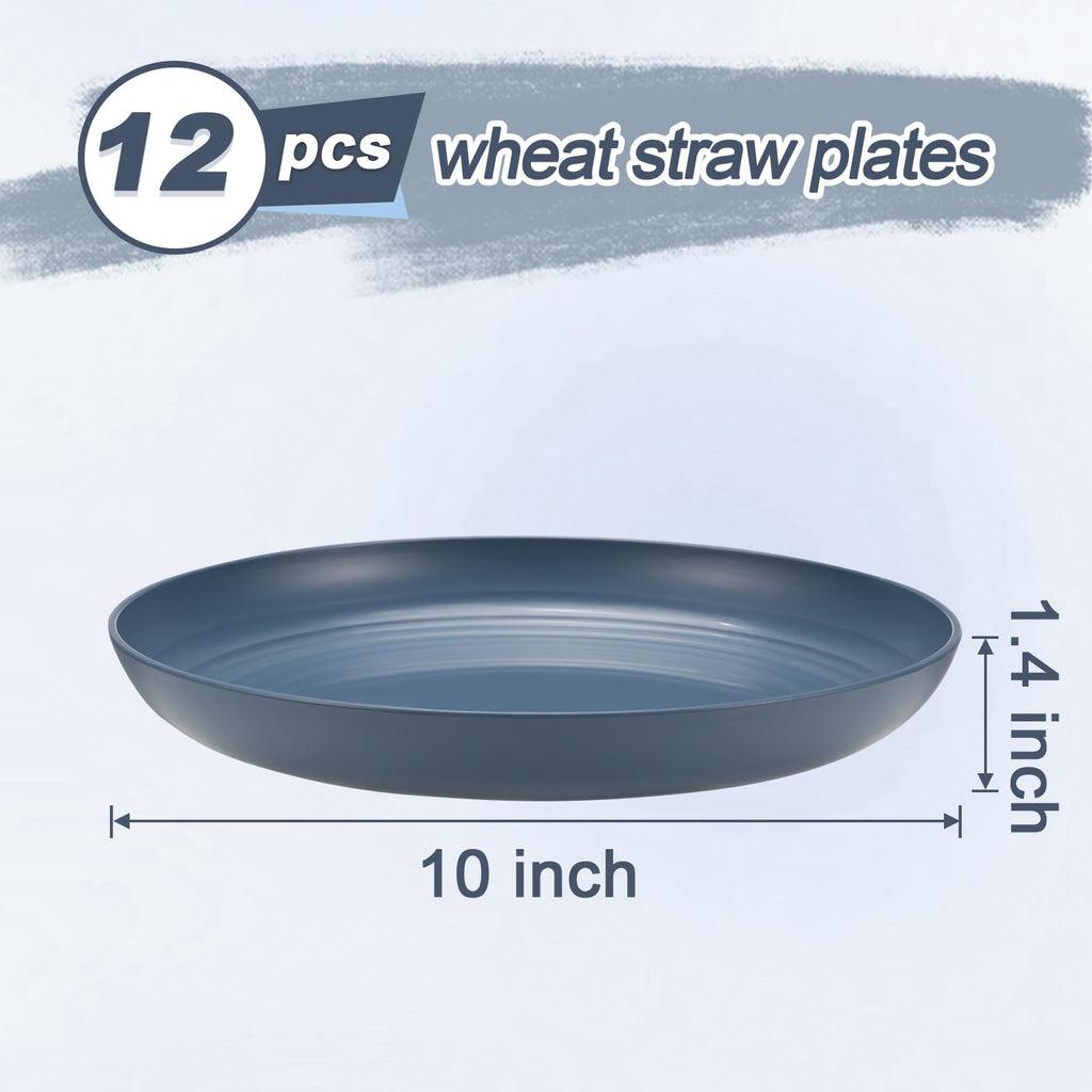 HEYCOME 12 Pcs Unbreakable Deep Dinner Plates Set, 10 inch Reusable Plastic Wheat Straw Plates, Microwave and Dishwasher Safe Plate for Kitchen, Lightweight Plate for Dessert, BPA Free, Dark Blue
