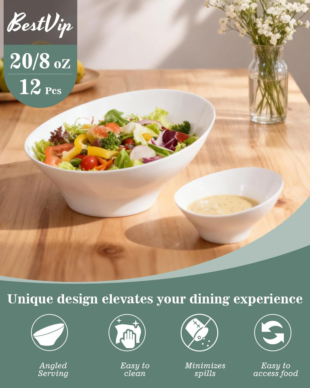 BESTVIP 8 Oz White Plastic Angled Serving Bowls, 12 Pack