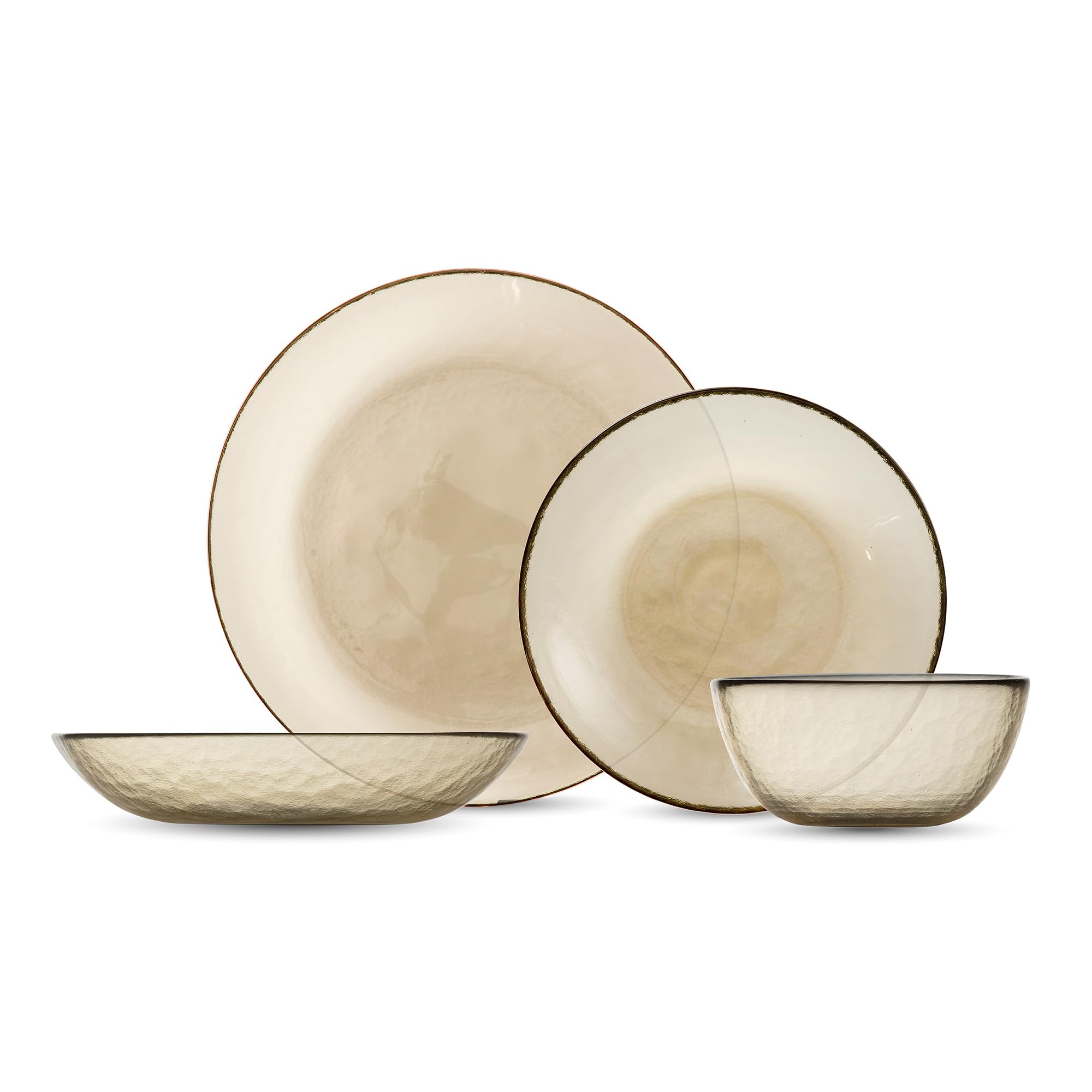 FORTESSA Los Cabos Tableware, 16-Piece Glass Dinnerware Set with 4 Dinner Plates, 4 Salad Plates, 4 Coupe Bowls and 4 Cereal Bowls, Dishwasher-Safe Glass Plate Set, Ginger Root