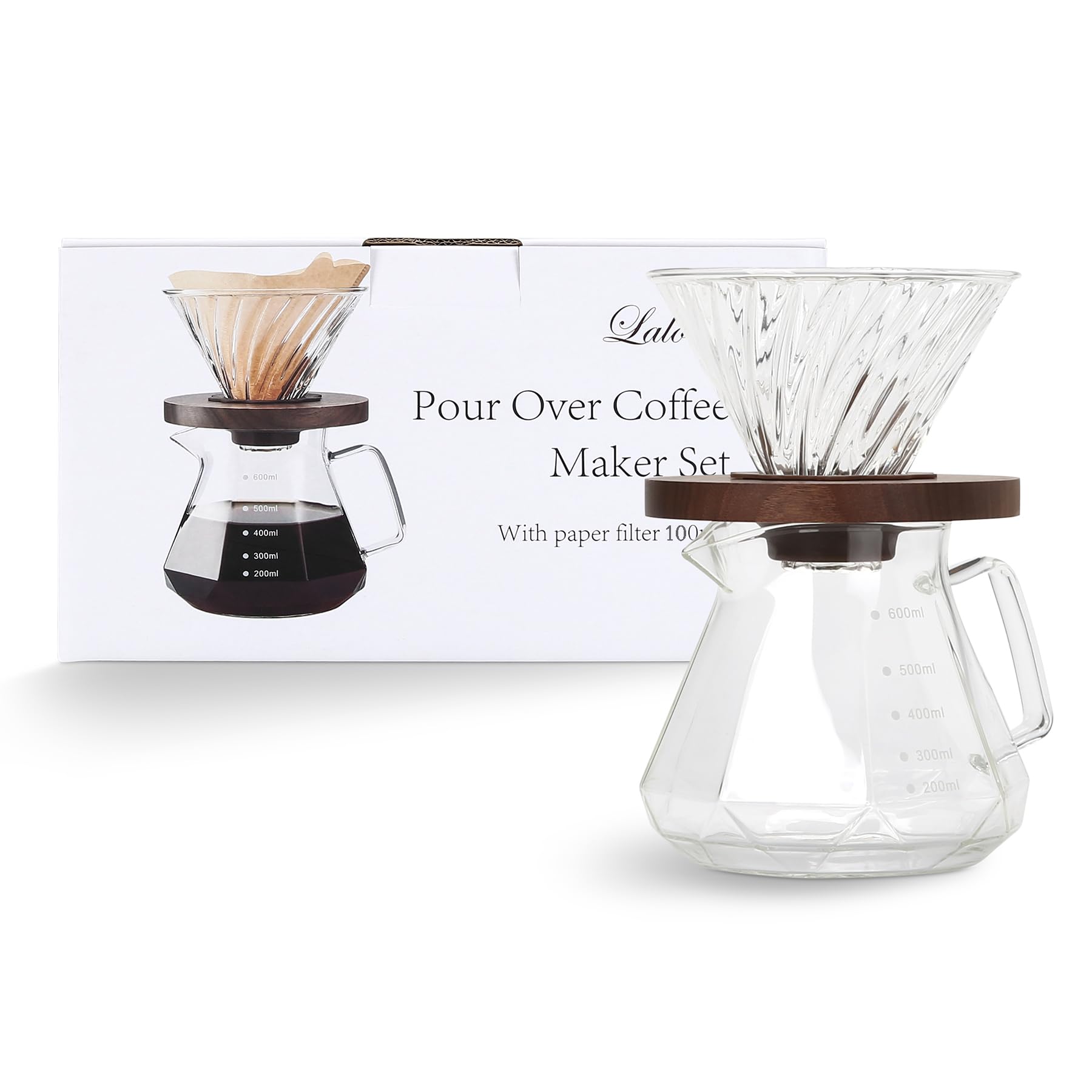 Lalord Pour Over Coffee Maker, 20 oz Borosilicate Glass Carafe with 100 pcs V60 Paper Filter, Walnut Handle & Glass Lid, Drip Coffee Maker for Home Café Restaurant Camping, 600 ml, Clear