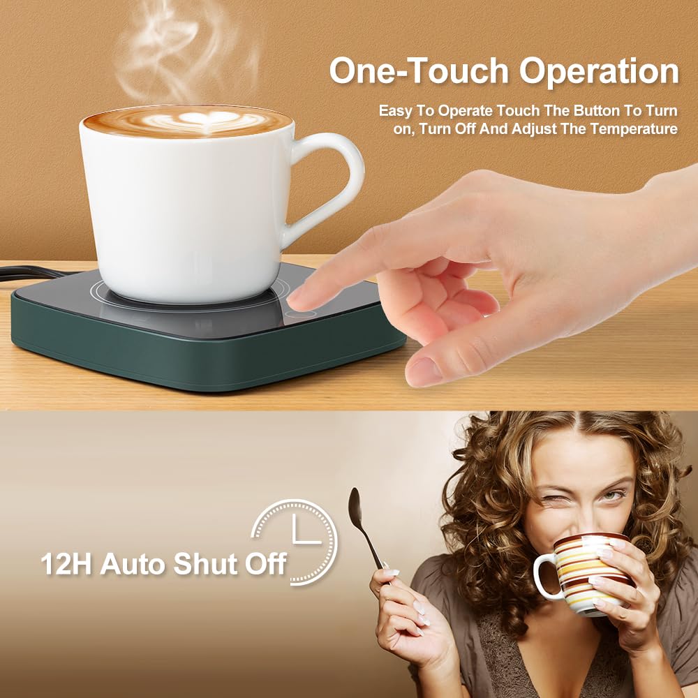 Defashun Coffee Cup Warmer 12Hours Auto Shut-Off Mug Warmer with 3 Temperature Setting,Waterproof Tempered Glass Honeycomb Vents 16W Electric Coffee Warmer for Desk Use (Green)