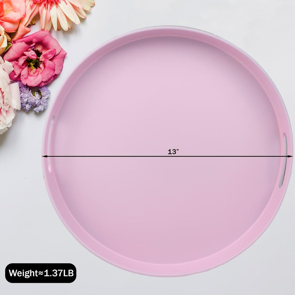SforGUVA Round Pink Decorative Serving Tray with Handles, 13” Versatile Ottoman Tray for Coffee Table, Entertaining, Outdoor Patio, Living Room