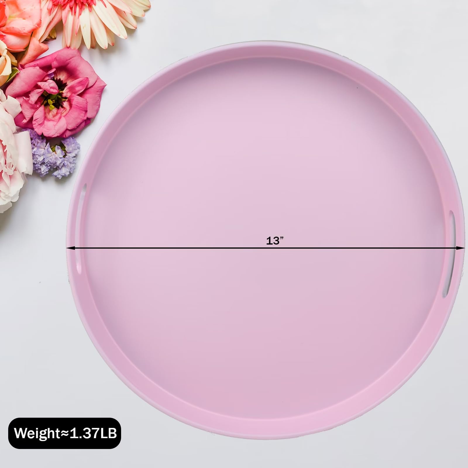 SforGUVA Round Pink Decorative Serving Tray with Handles, 13” Versatile Ottoman Tray for Coffee Table, Entertaining, Outdoor Patio, Living Room