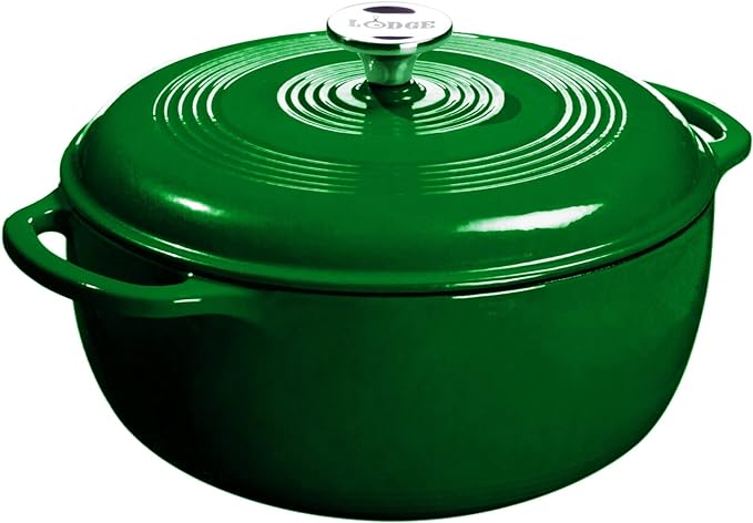 Lodge 6 Quart Enameled Cast Iron Dutch Oven with Lid – Dual Handles – Oven Safe up to 500° F or on Stovetop - Use to Marinate, Cook, Bake, Refrigerate and Serve – Evergreen