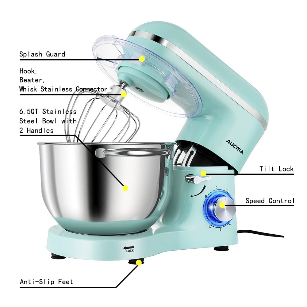 Aucma Stand Mixer,6.5-QT 660W 6-Speed Tilt-Head Food Mixer, Kitchen Electric Mixer with Dough Hook, Wire Whip & Beater (Blue, 6.5QT)