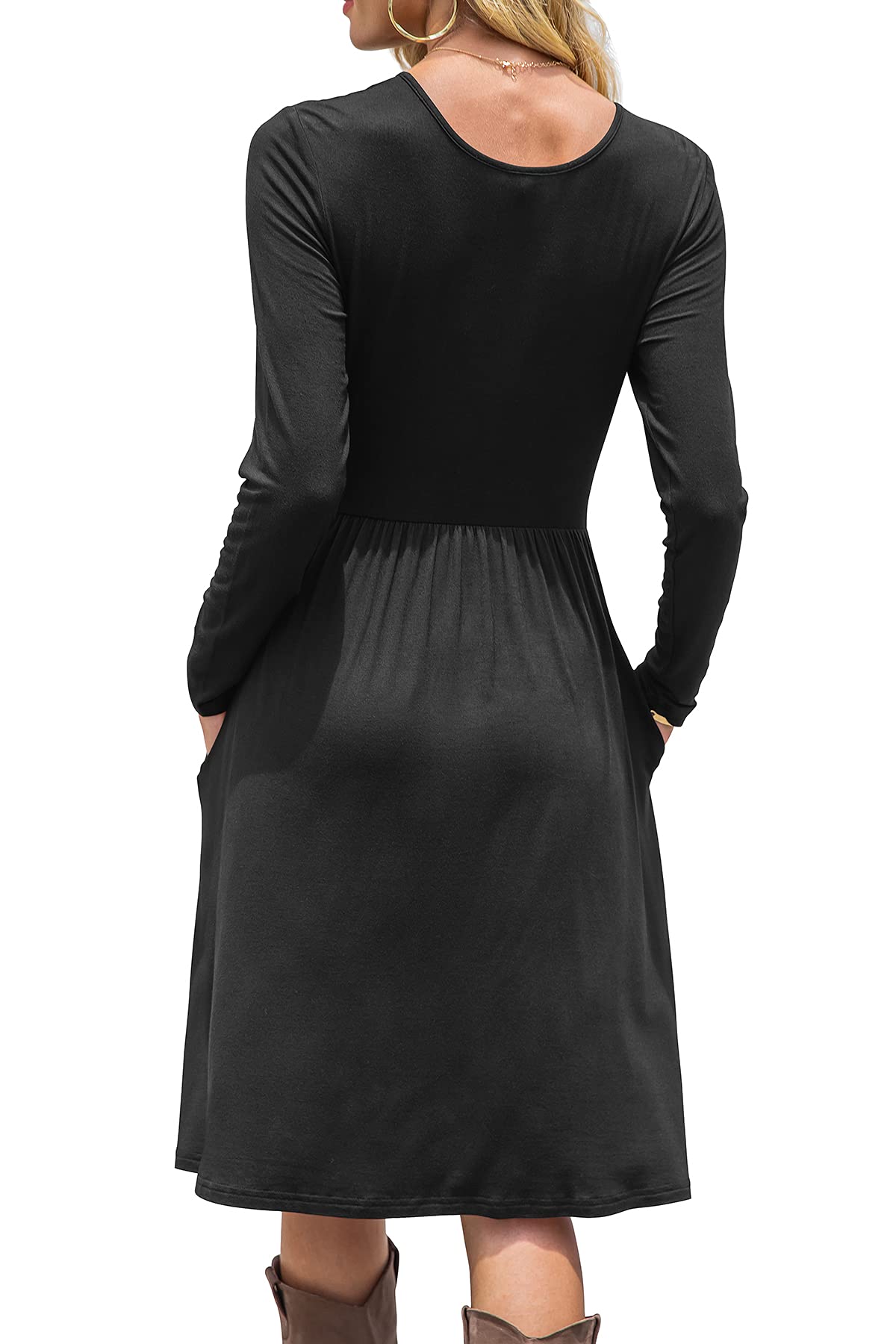 DB MOON Women Casual Long Sleeve Dresses Empire Waist Loose Dress with Pockets (Black, S)