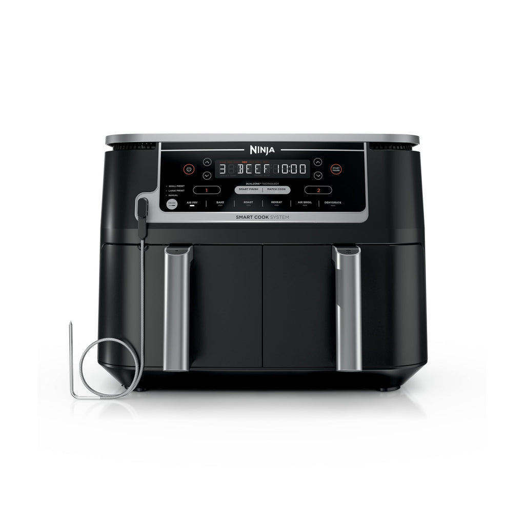 Ninja DZ550 Foodi 10 Quart 6-in-1 DualZone Smart XL Air Fryer with 2 Independent Baskets, Cook Thermometer for Perfect Doneness, Match and Finish to Roast, Dehydrate and More, Black