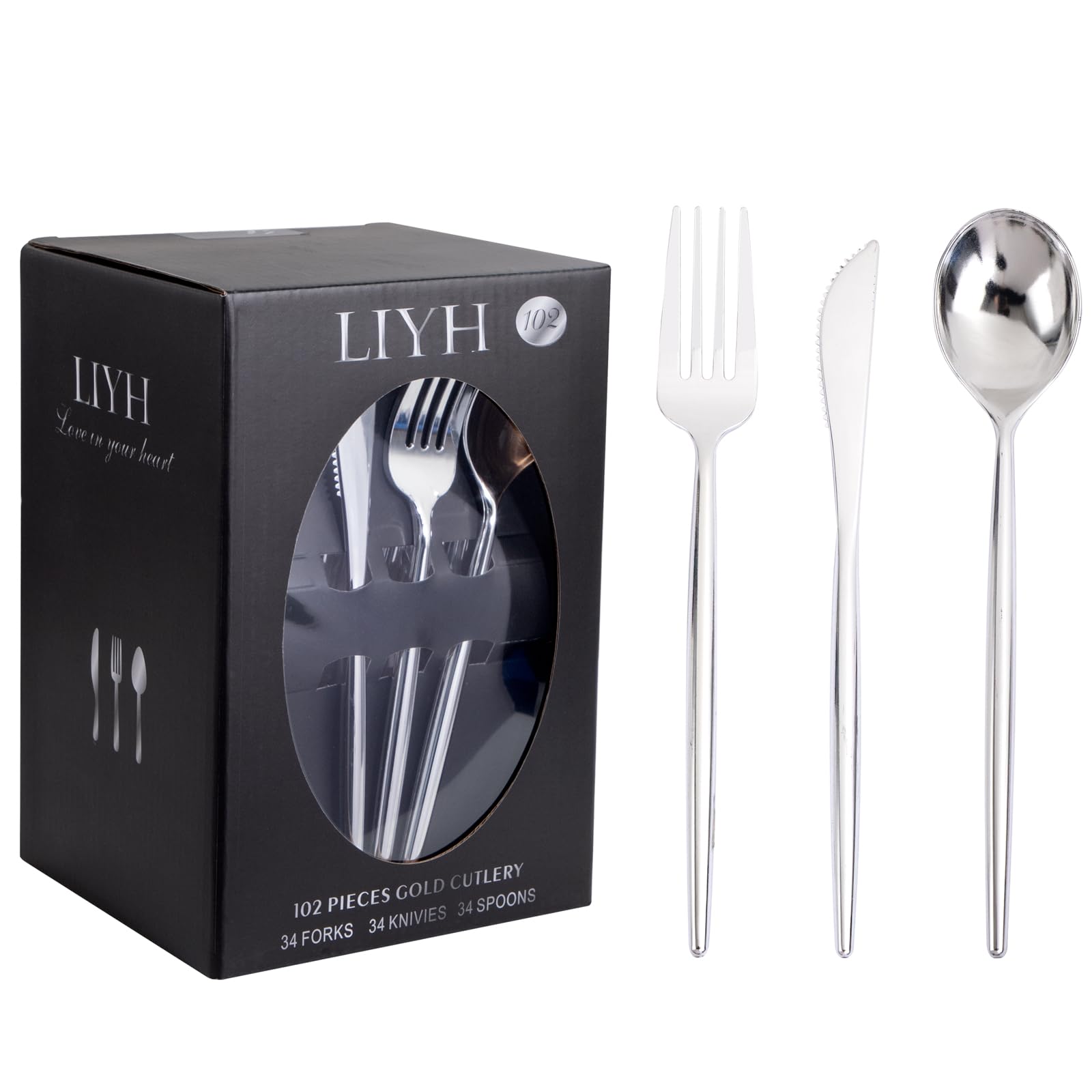 LIYH 102 Pcs Silver Plastic Silverware - Heavyduty Plastic Cutlery Set Disposable Utensils Flatware Set Knives Forks Spoons Disposable Cutlery Mothers Day