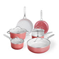 ONGIFT Kitchen Pots and Pans Set Non Stick, 11 Pcs Ceramic Cookware Set with Stay-Cool Handle, Pot and Pan Set NonToxic PFOA/PFAS Free, Dishwasher/Oven Safe, Evenly Heats, Enamel Exterior - Coral Red