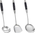 FJNATINH Wok Spatulas Soup Ladle Skimmer Ladle Set, Stainless Steel Wok Tools with Wooden Handle Wok Accessories Sets Cooking Utensils,3 PCS