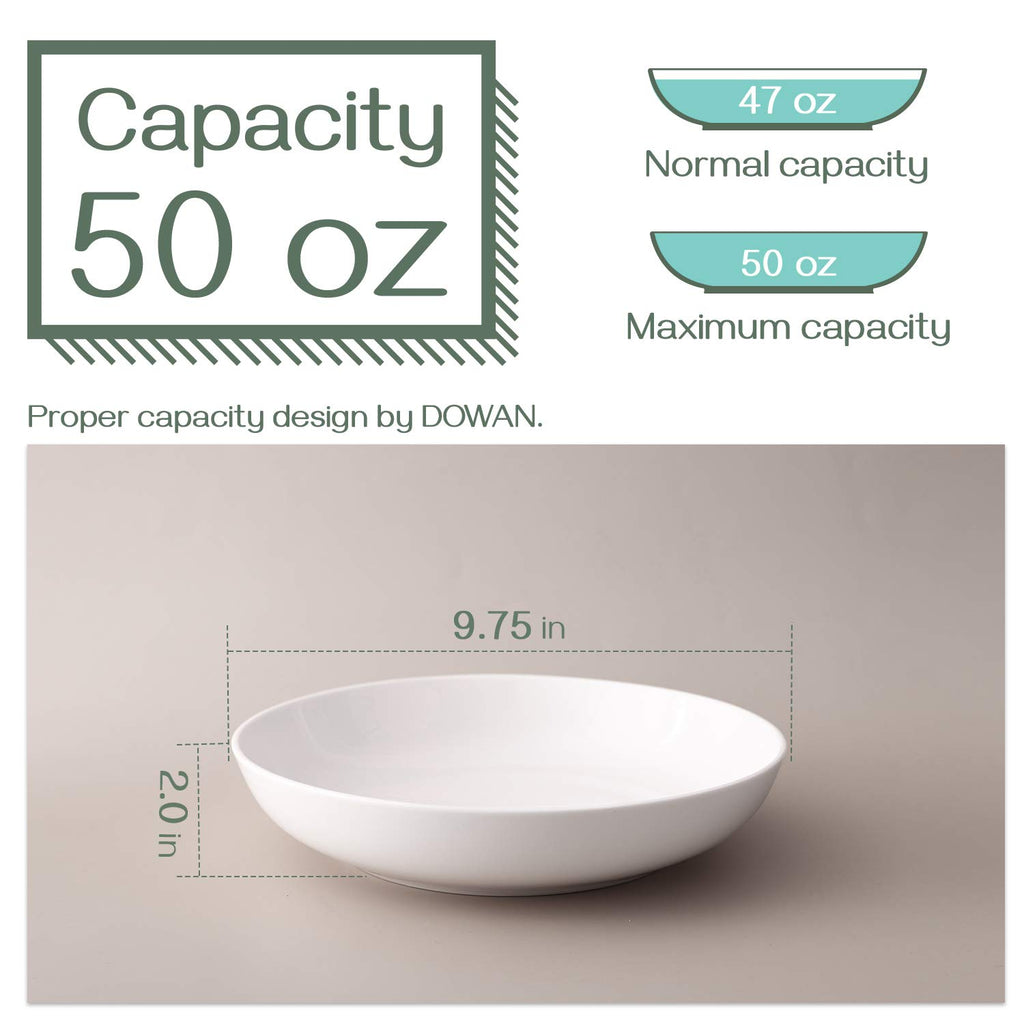 DOWAN 9.75" Pasta Bowls Set of 4, Large Shallow White Ceramic Salad Bowls, 50oz Wide Dinner Bowls for Pasta, Soup, Salad & Stew, Microwave & Dishwasher Safe, Housewarming Gift(Soft White)