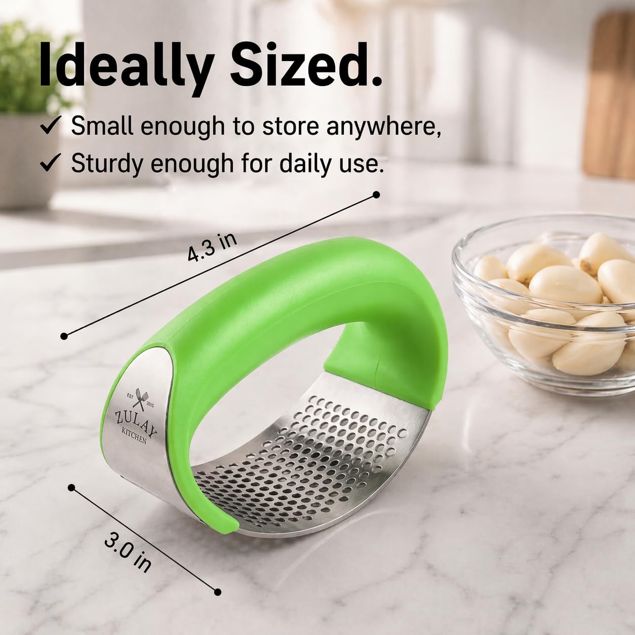 Zulay Kitchen Stainless Steel Garlic Press Rocker Set - Premium Garlic Mincer Garlic Crusher - New Innovative Garlic Crusher with Peeler and Scraper - Comfortable Grip (Green)