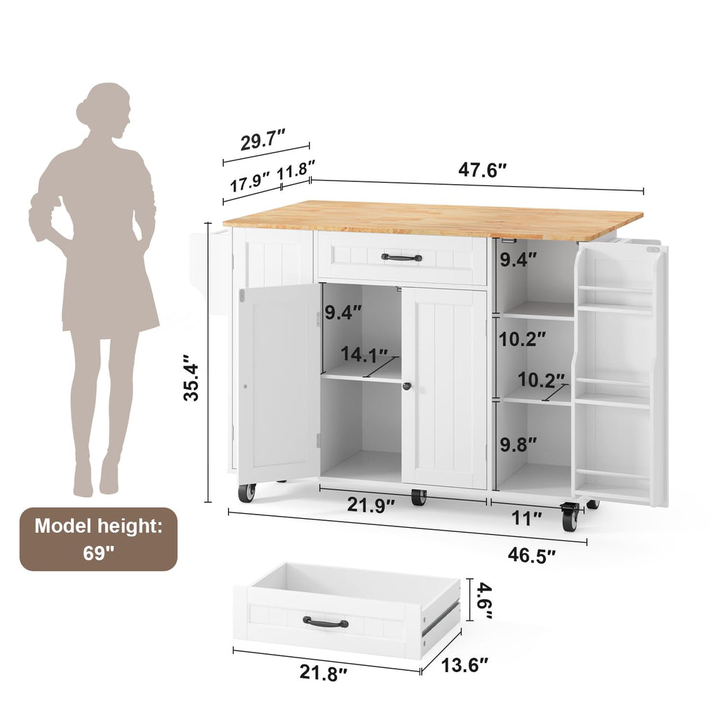 Ahomly 47.6" Kitchen Island with Storage, Drop Leaf, Knife Holder, White